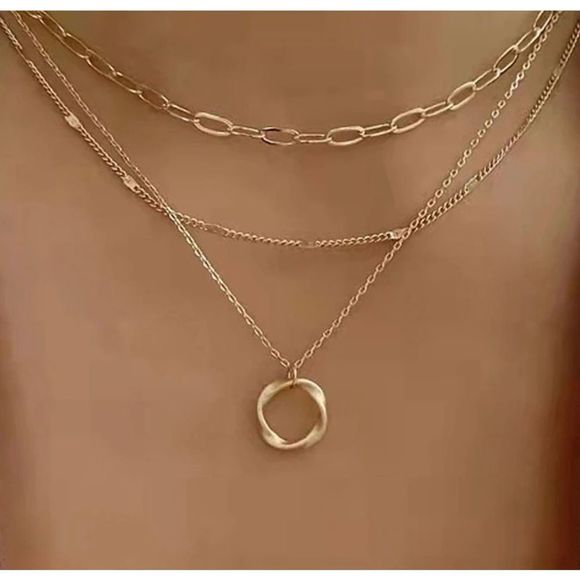 GOLD CIRCLE PENDANT LAYERED NECKLACE - Picture 1 of 4